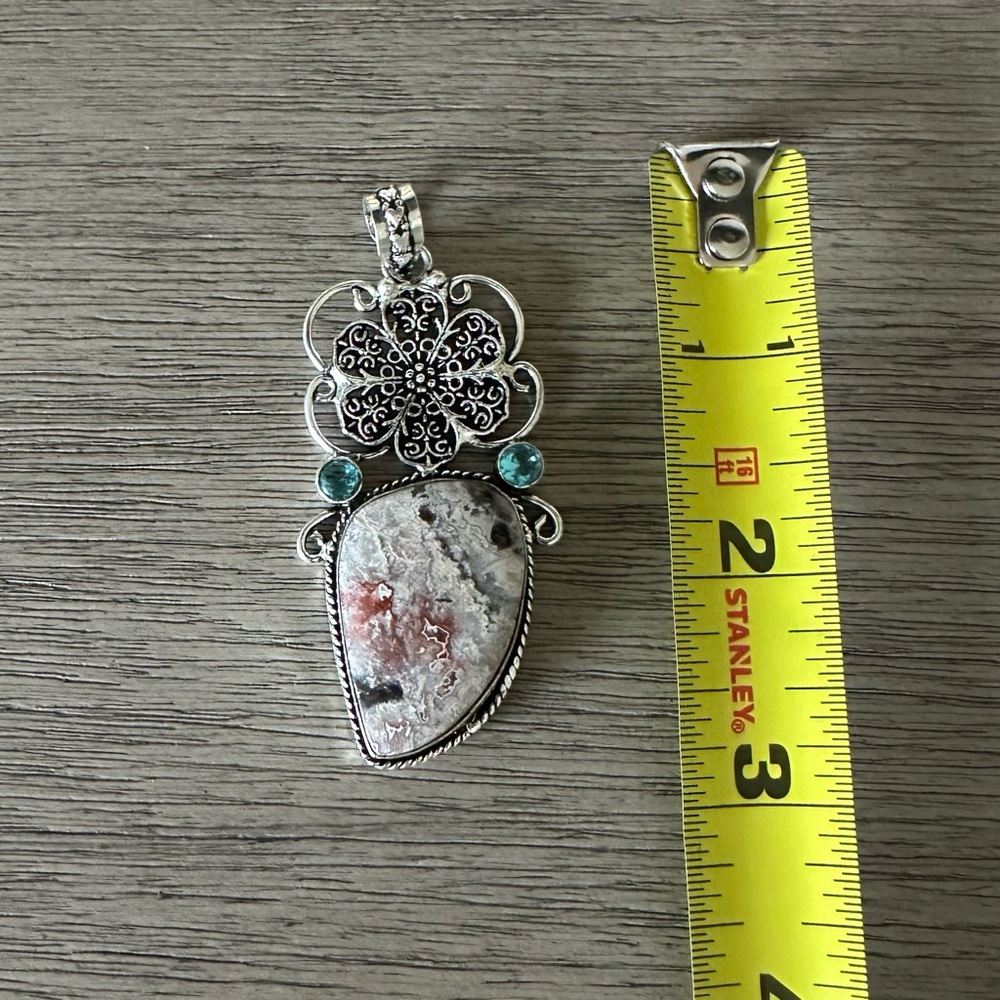 1037 Crazy Lace Agate Blue Topaz Pendant Handmade Silver Statement Jewelry - Picture 5 of 7